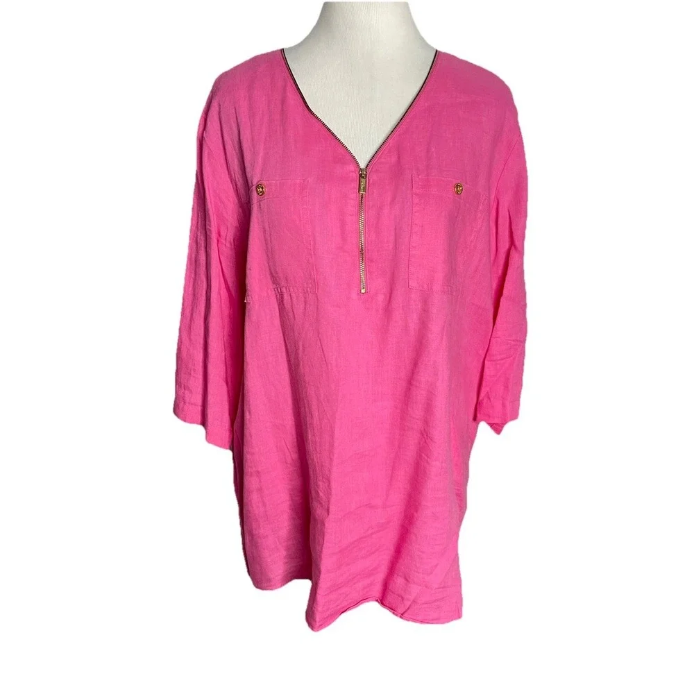 Lot Of 2 Company‎ Ellen Tracy Linen Tunic Tops Sz XL Pink White Gold Zip
